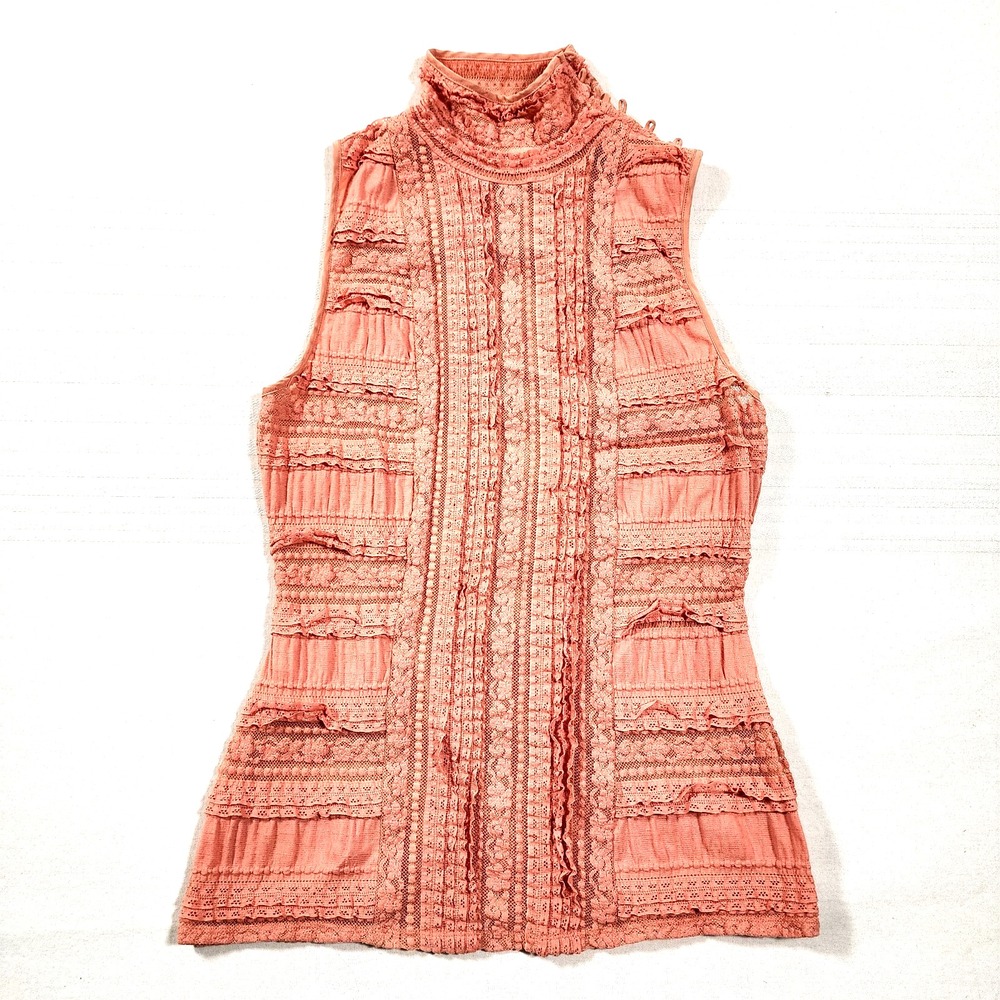 Cinq a Sept Top Womens Small Antonia Turtleneck Ruffle Lace Sleeveless Peach